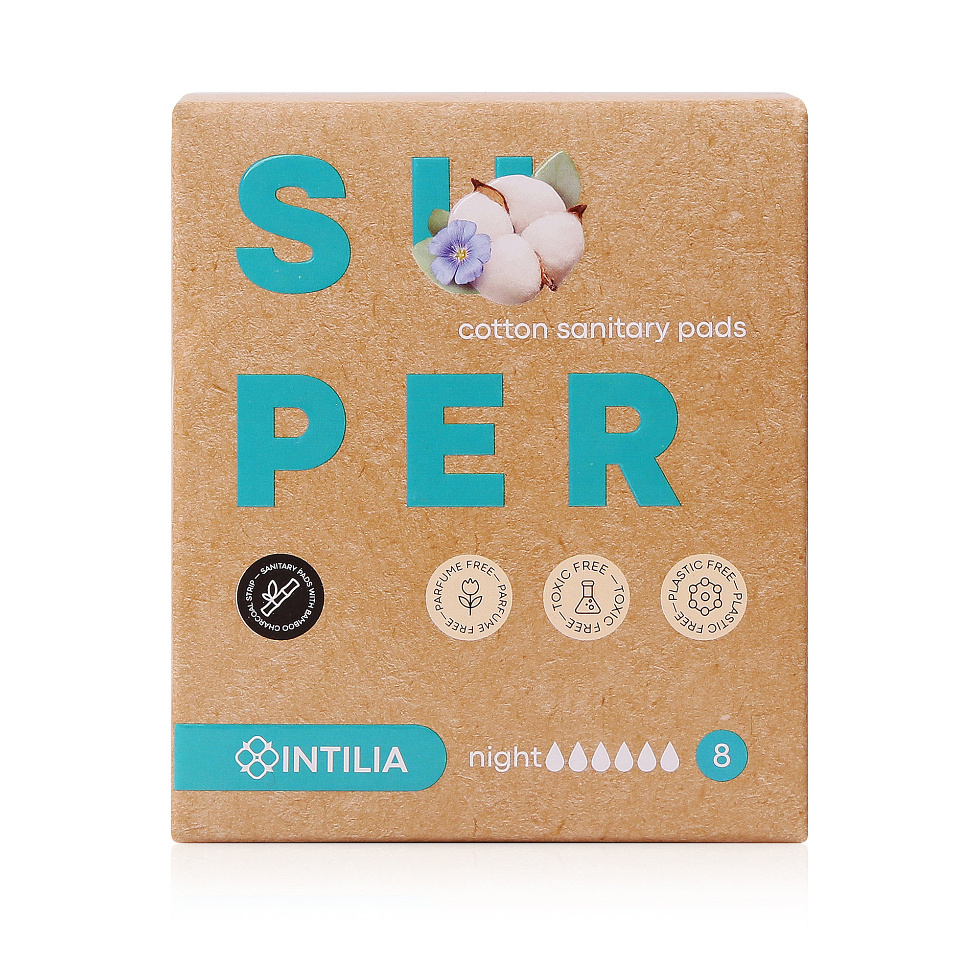 INTILIA-Cotton-Sanitary-Pads-with-bamboo-charcoal-inlay-night-03707-1 копия Женские хлопковые гигиенические прокладки INTILIA с бамбуковой угольной вставкой ночные